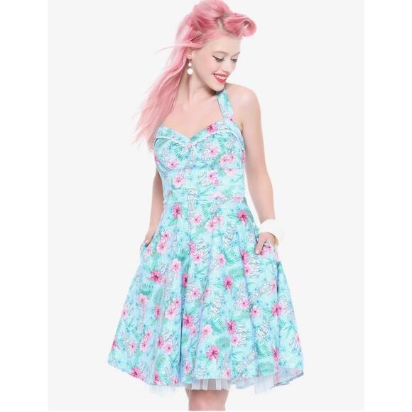 Hot Topic Tiki Blue Floral Swing Dress Small Summer Hawaiian Themed Retro 1950s - Picture 1 of 9